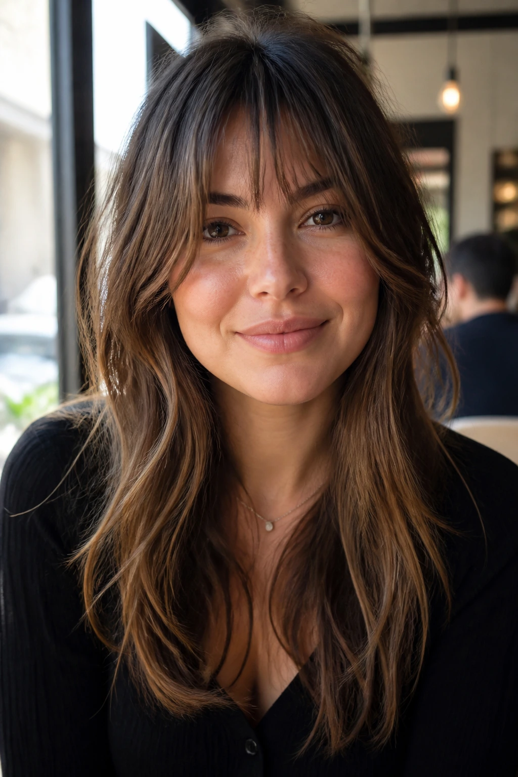 Close-up of real woman with grown-out choppy bangs hugging cheeks