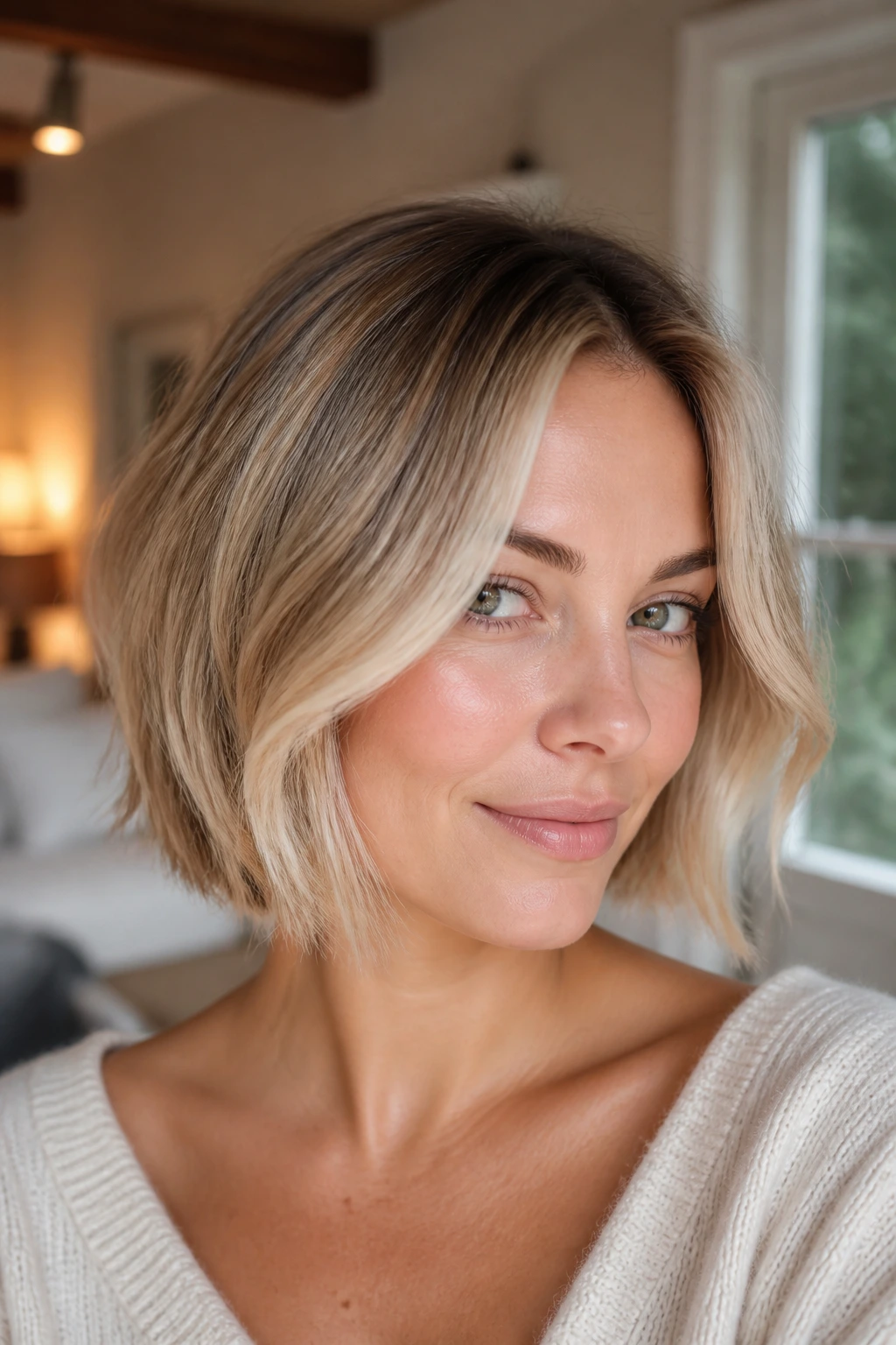 Close-up of a real woman with soft grown-out finish on a short blonde bob.