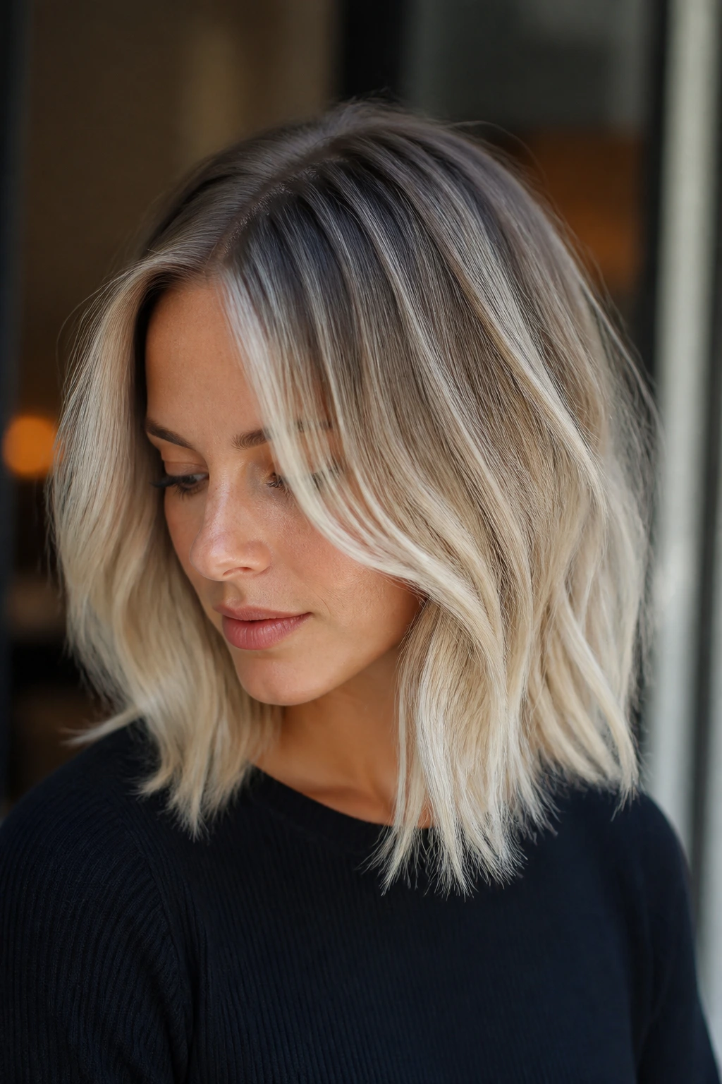 Close-up of real woman with soft, diffused platinum balayage on fine hair.