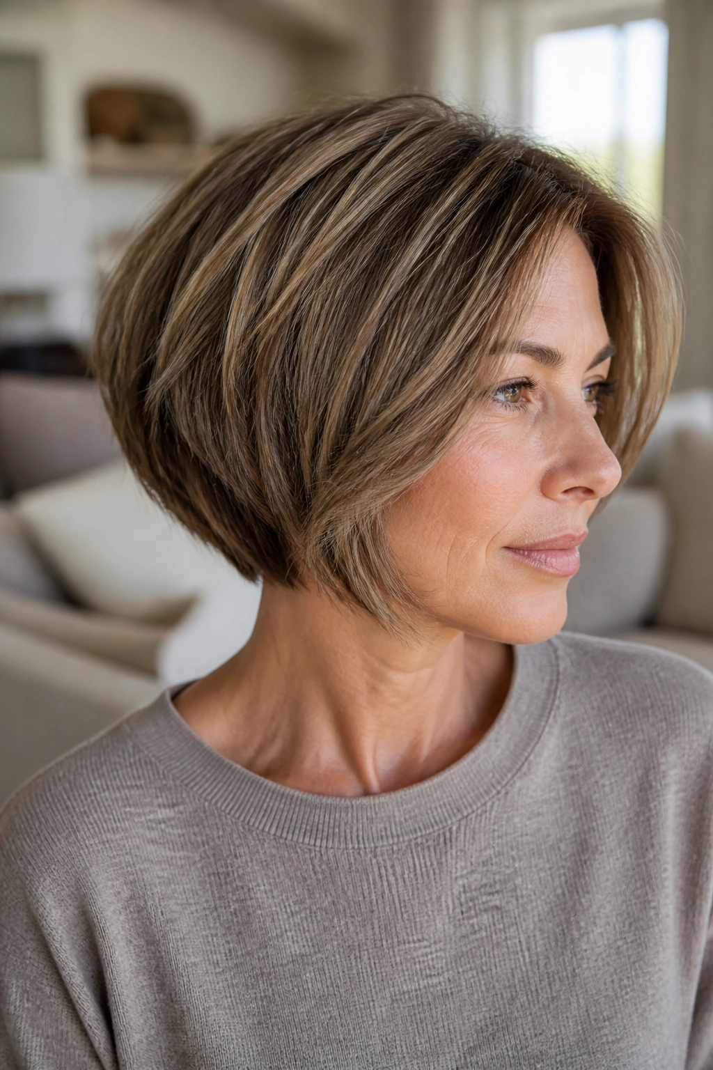 Close-up of a real woman with a soft-grown stacked bob in a cozy sunlit living room