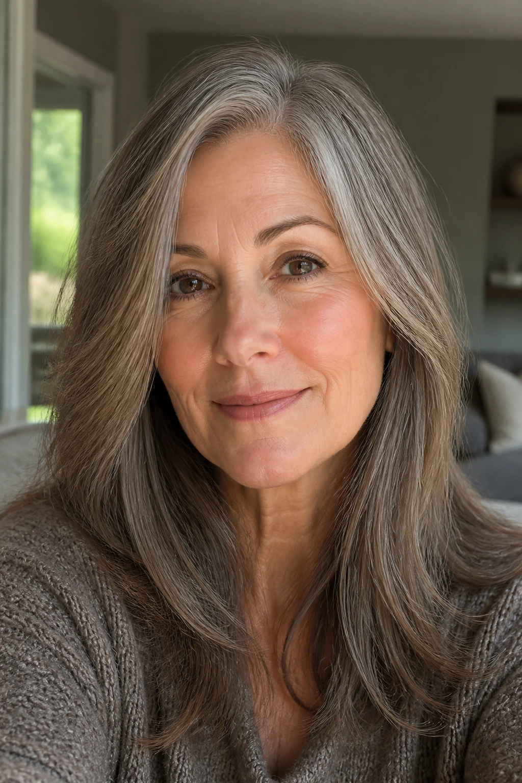 Close-up of gray hair blended with soft hazelnut glaze on a real woman