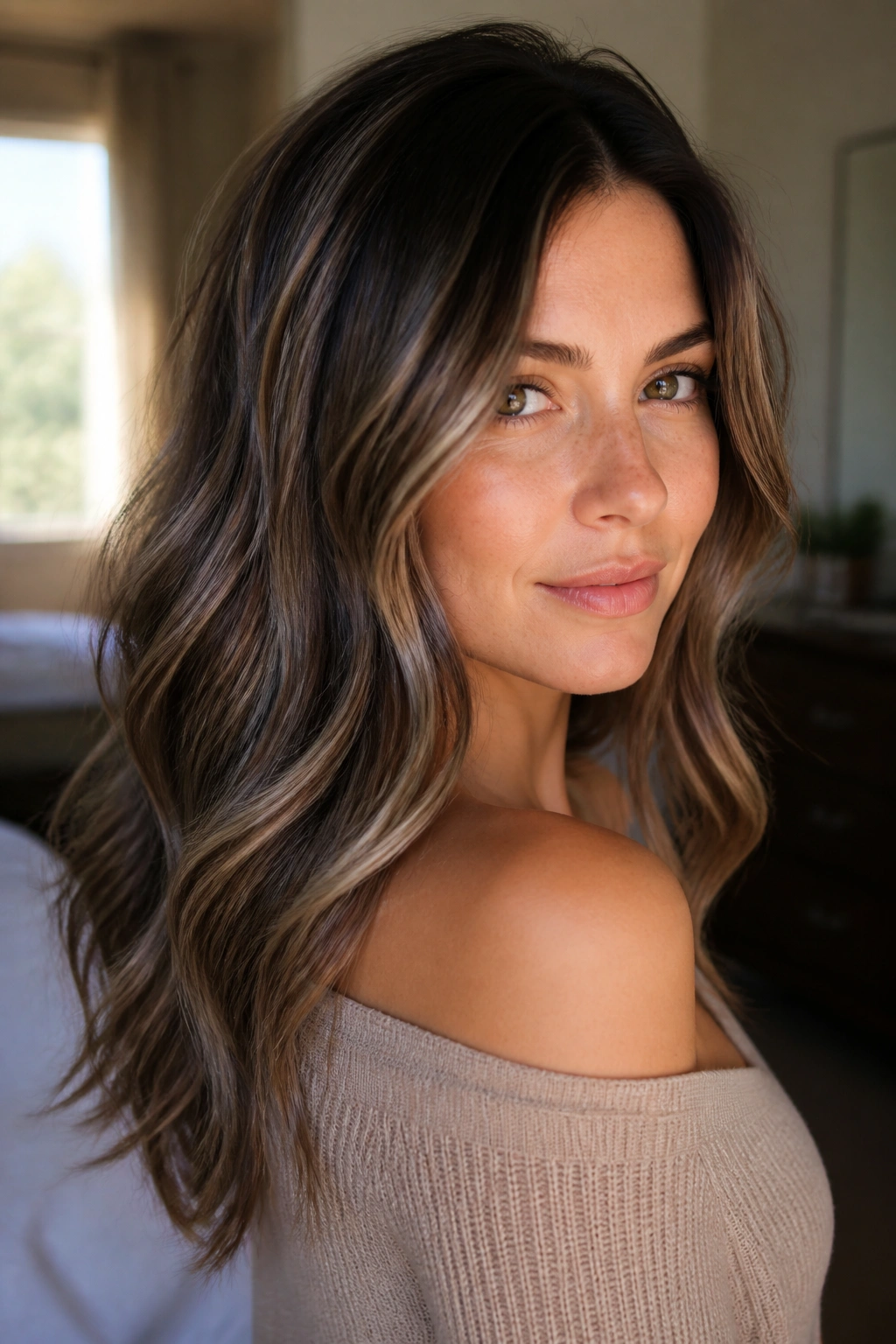 Close-up of soft mushroom-brown silver highlights on medium brown hair framing the face