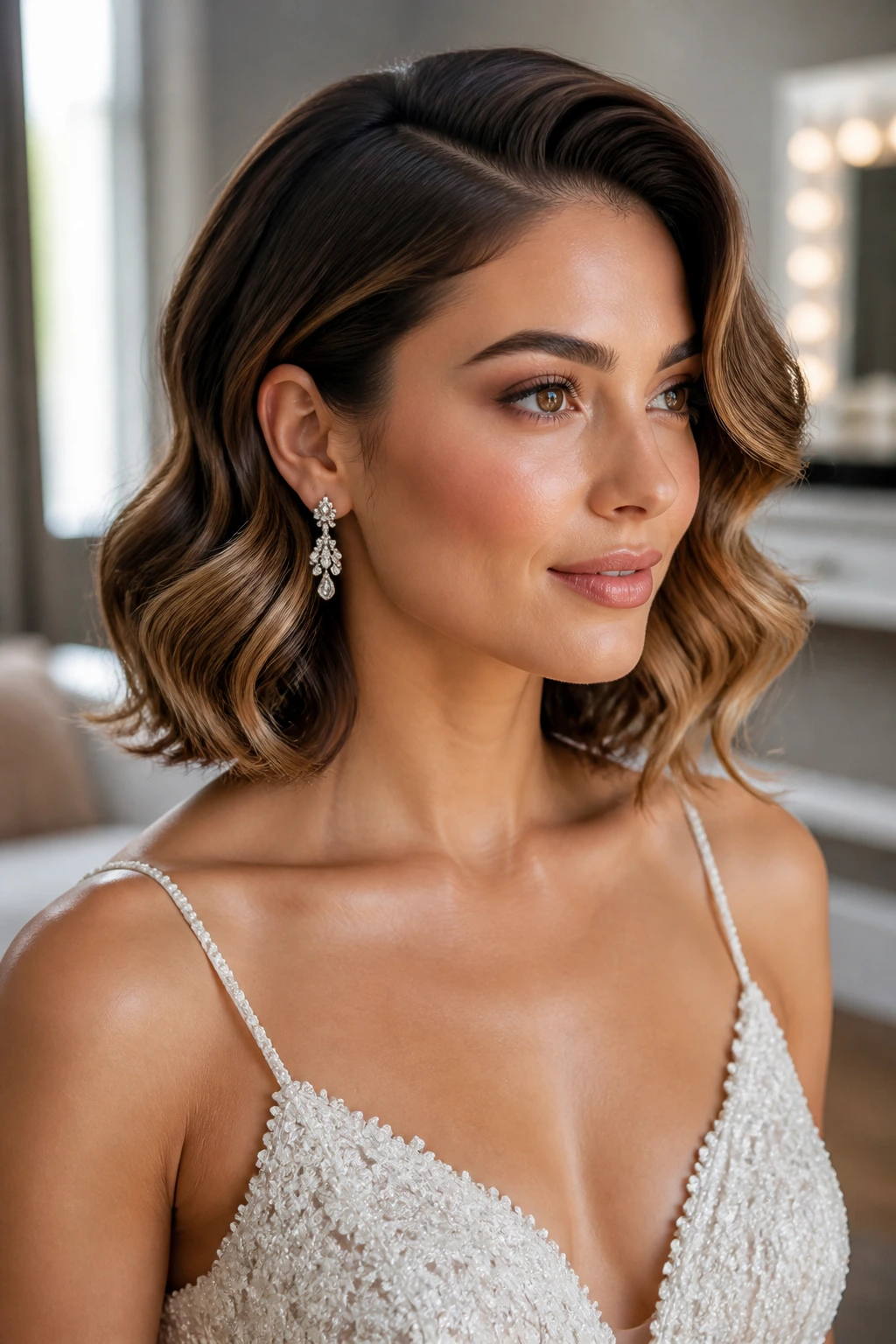 Close-up of a real person with soft Hollywood waves on a shoulder-grazing bob