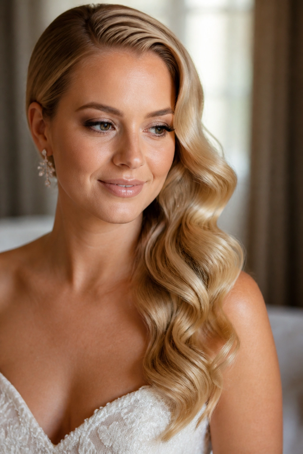 Close-up of a real woman with soft Hollywood waves and a deep side part