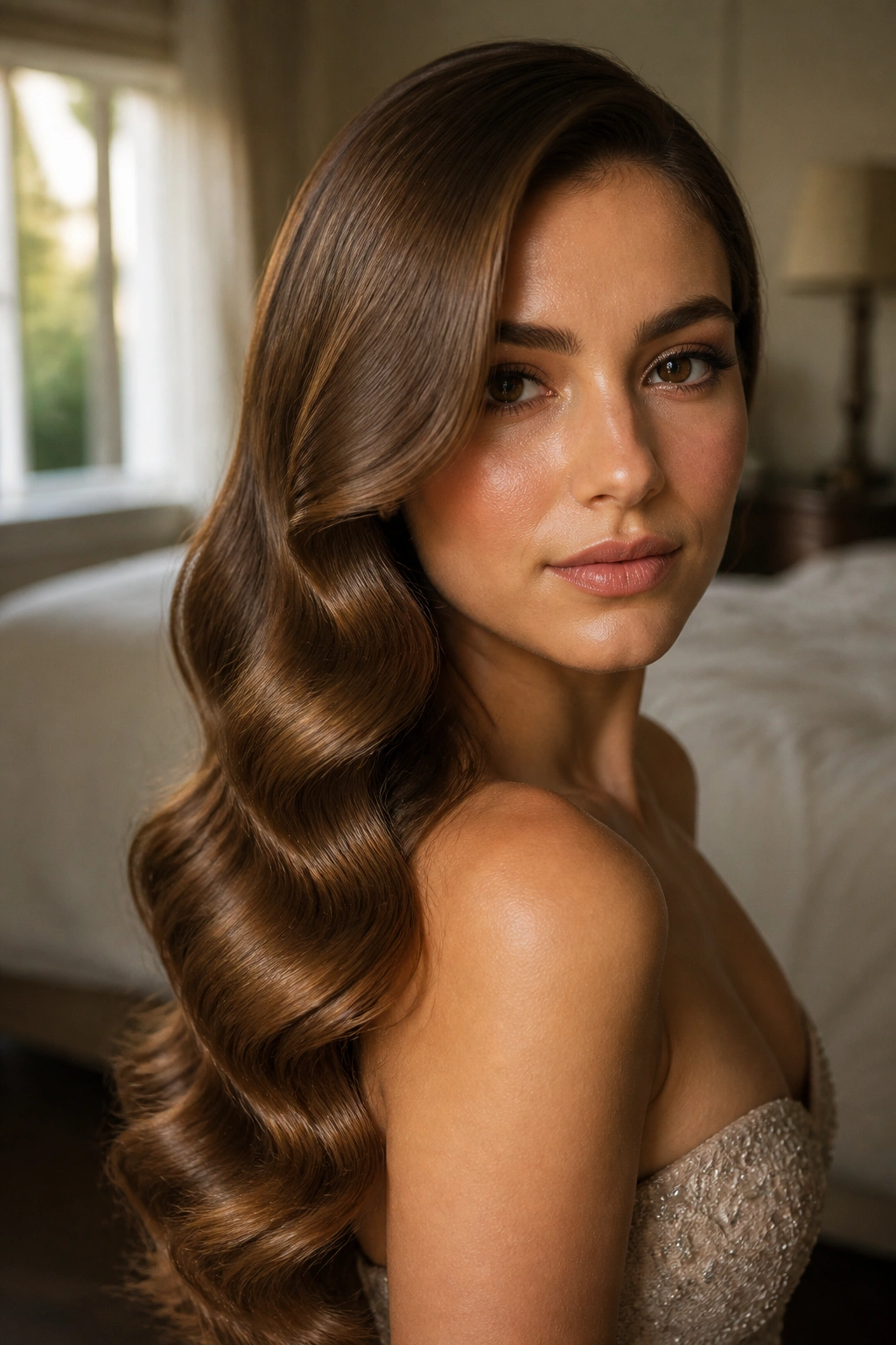 Close-up of a real woman with glossy Hollywood waves and side part in warm window light