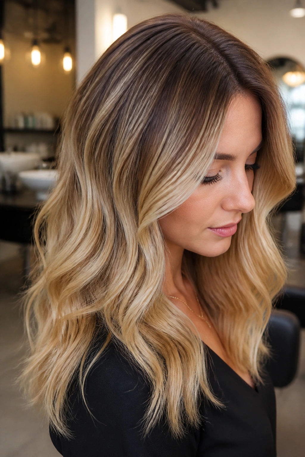 Close-up of hair with a soft honey melt and root tap on a real person