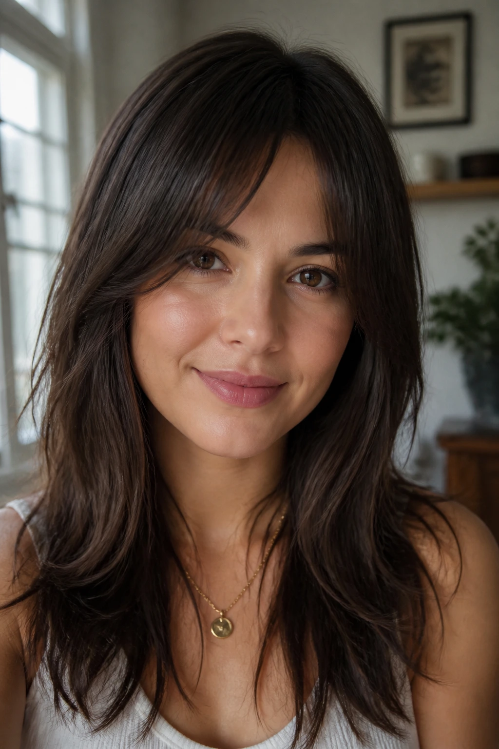 Close-up portrait of a woman with a soft reverse-V inverted fringe in warm window light