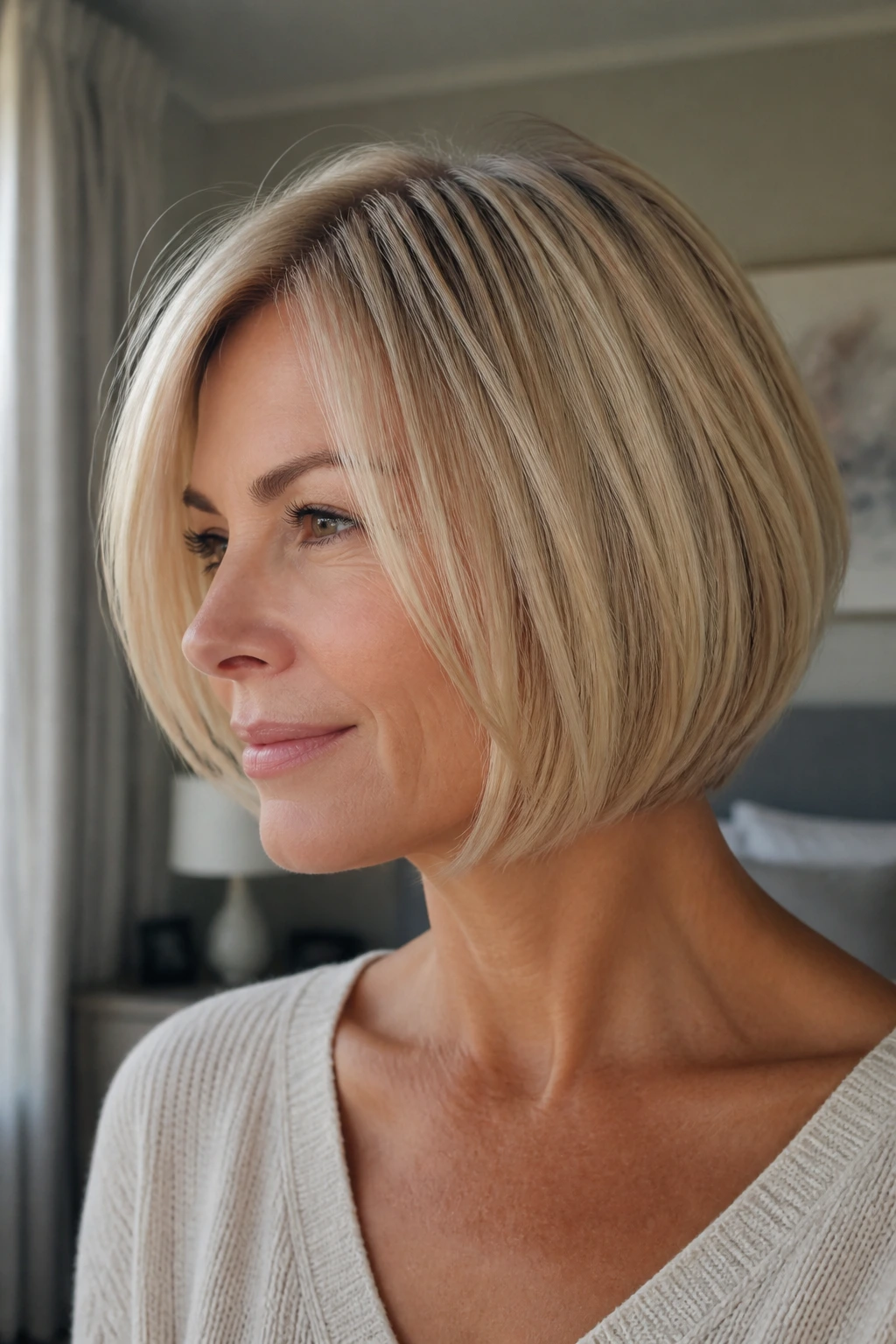 Close-up of real woman with soft everyday inverted blond bob in a sunlit bedroom