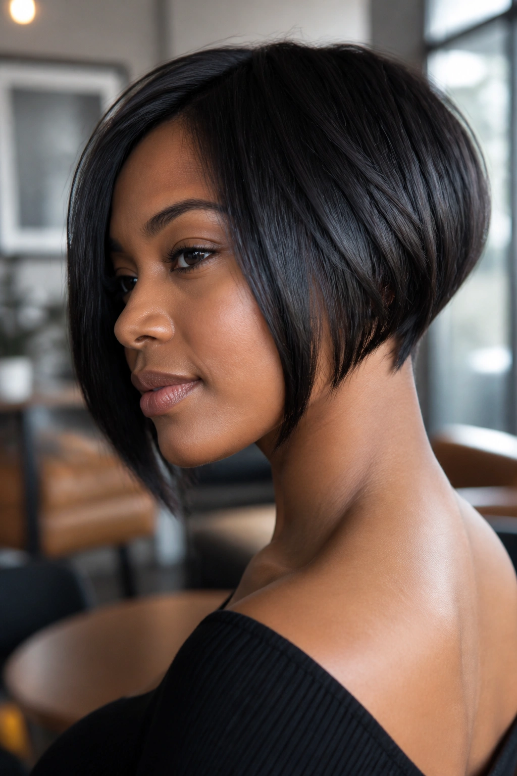 Close-up of a real woman with a soft inverted bob and forward-sweeping front