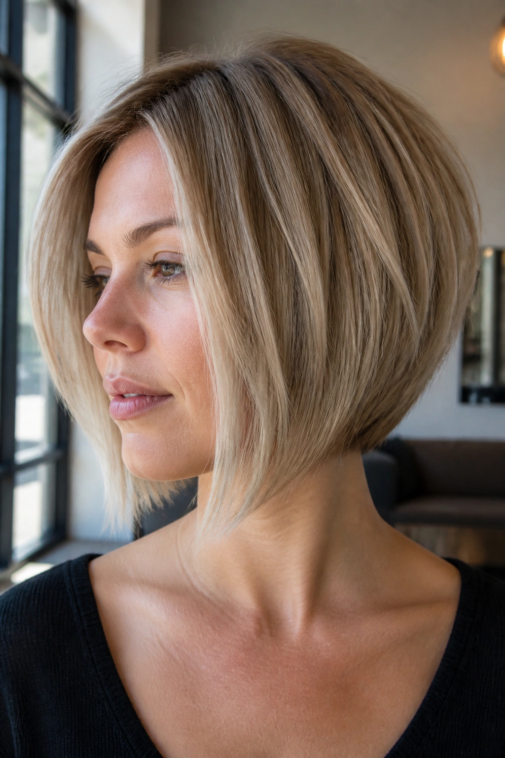 Portrait of a real woman with an inverted bob and longer front pieces