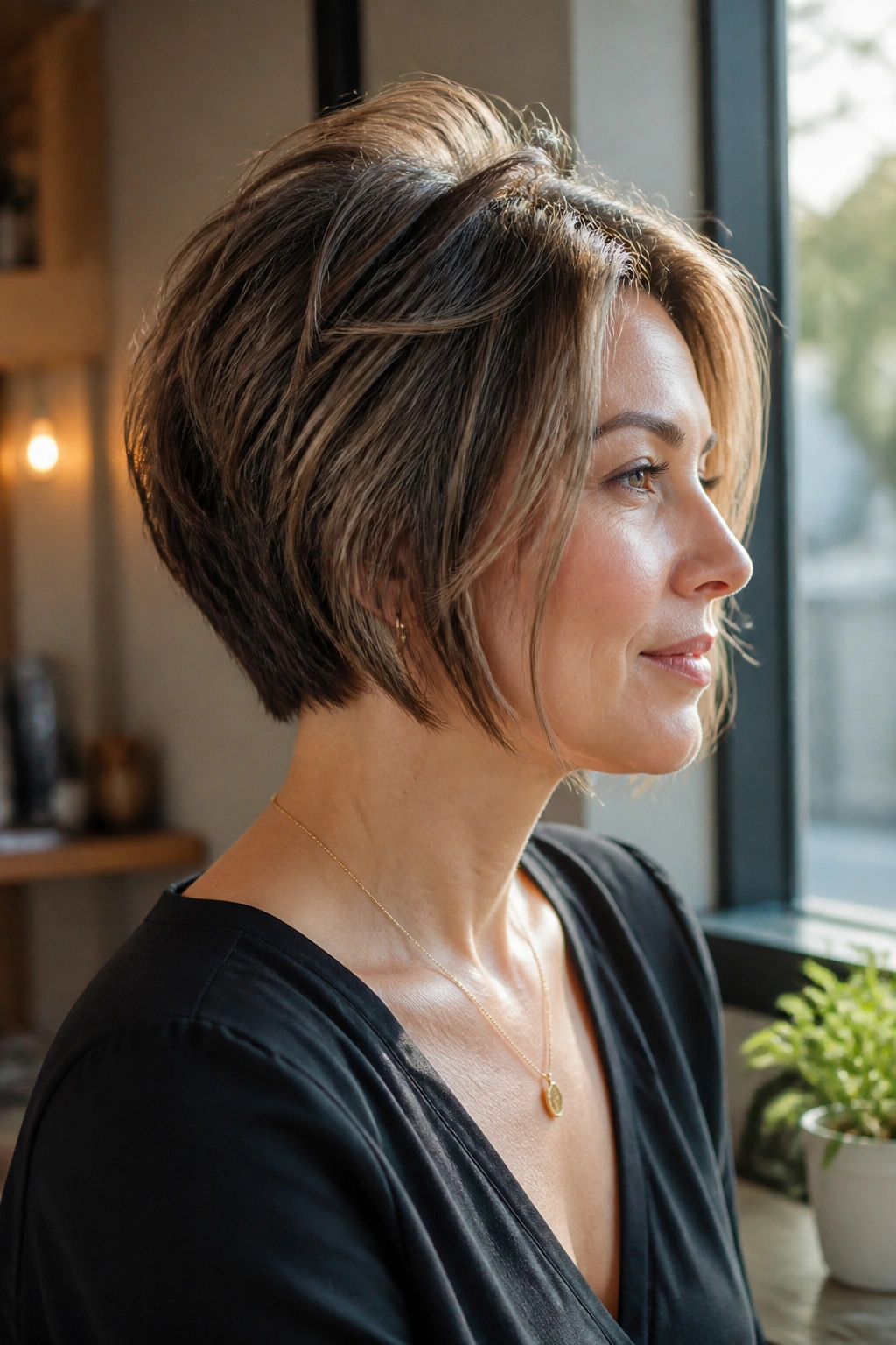 Real woman with a soft inverted bob and airy crown in natural light