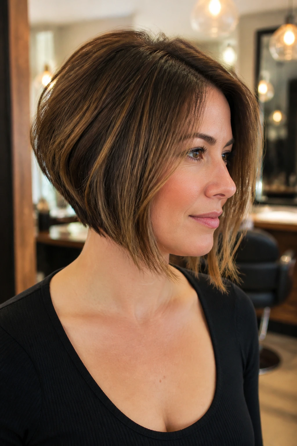 Three-quarter portrait of woman with soft inverted bob and back lift.