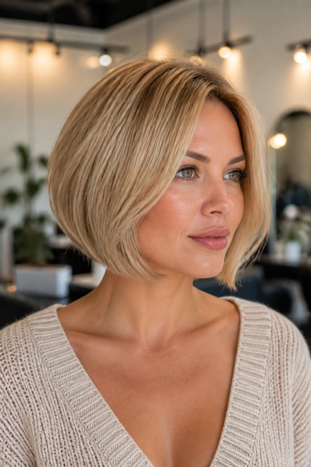Close-up of a woman with a soft inverted bob in neutral blond under natural salon lighting