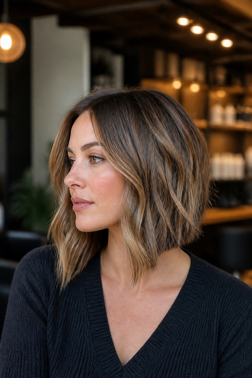 Real person with soft inverted lob in a warm cafe lighting