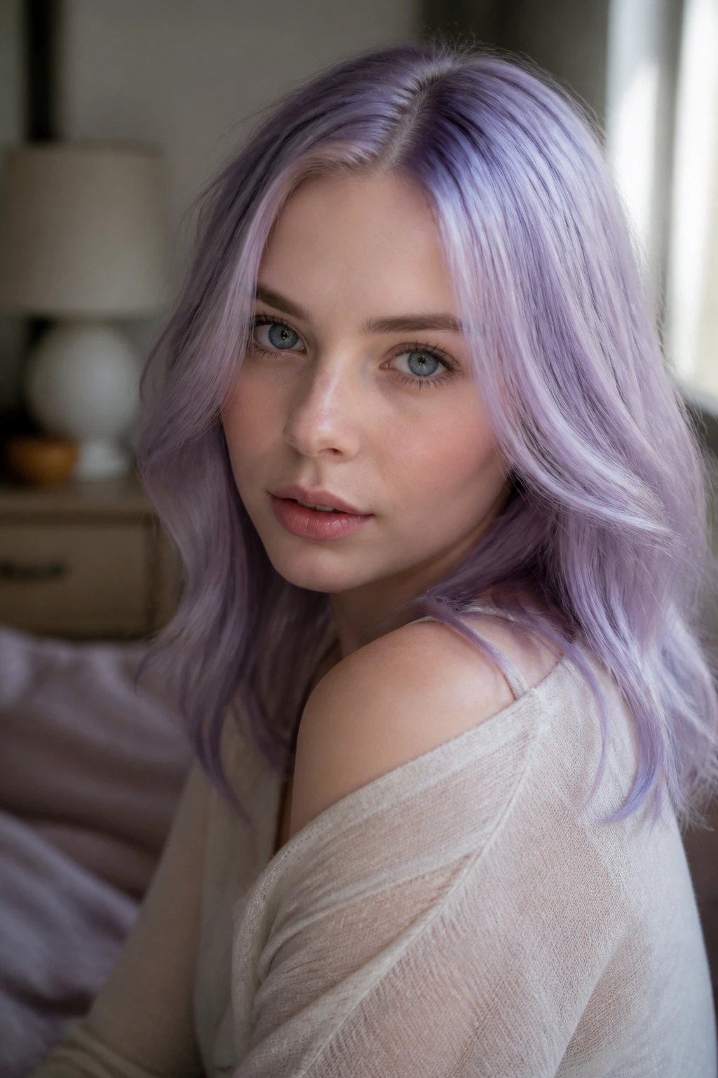 Close-up portrait of a real person with soft lavender hair on cool-toned skin in natural window light