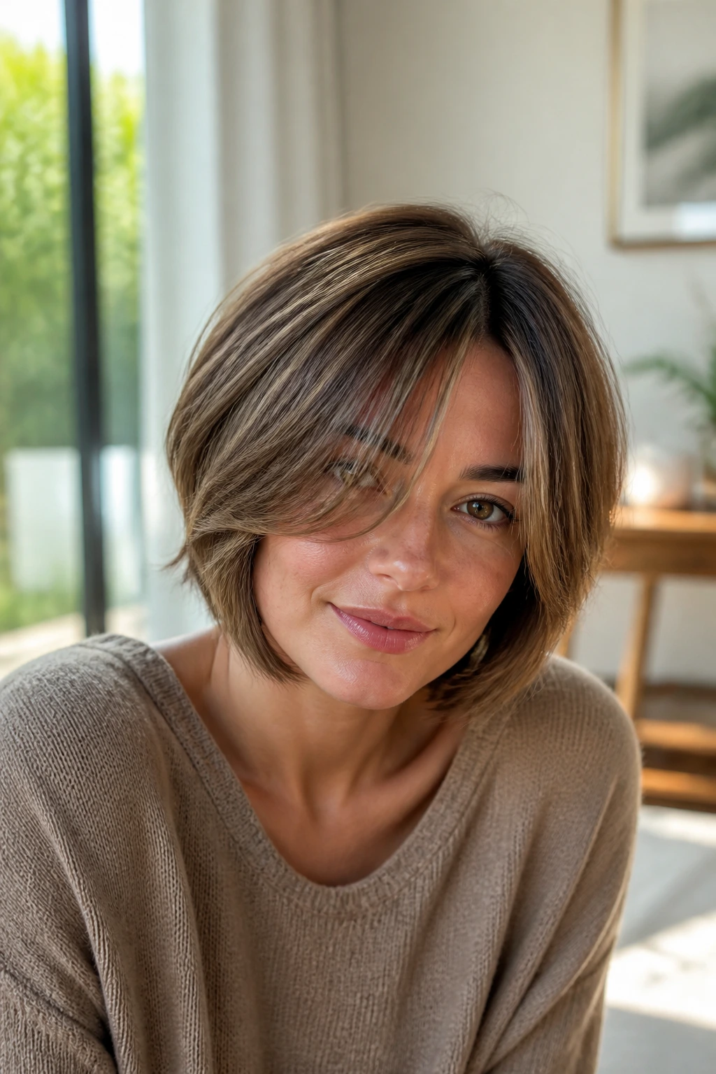 Close-up portrait of a real woman with soft layered bob and long bangs