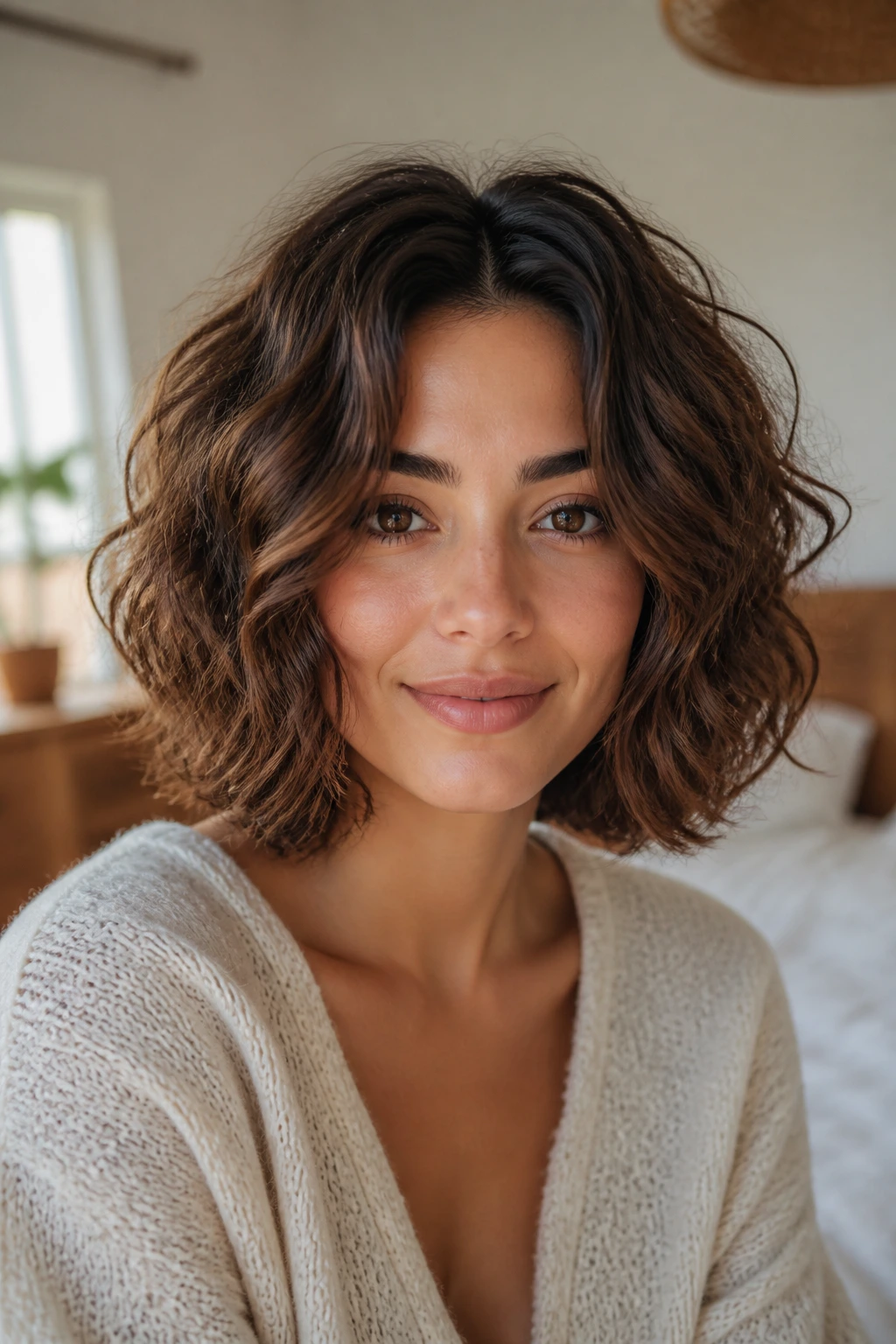 Close-up portrait of a real woman with soft layered bob and center part