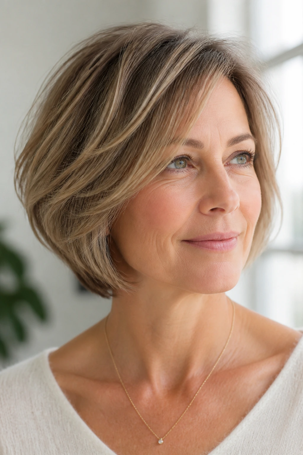 Portrait of a real woman with a soft layered bob and subtle cheekbone-length layers