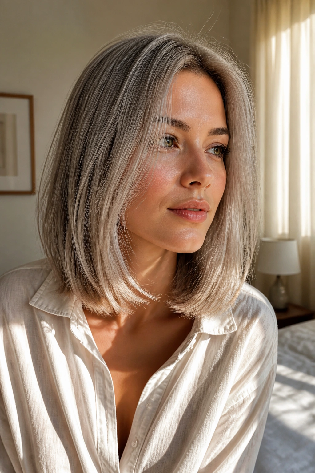 Close-up of real woman with soft layered collarbone bob in ash-silver