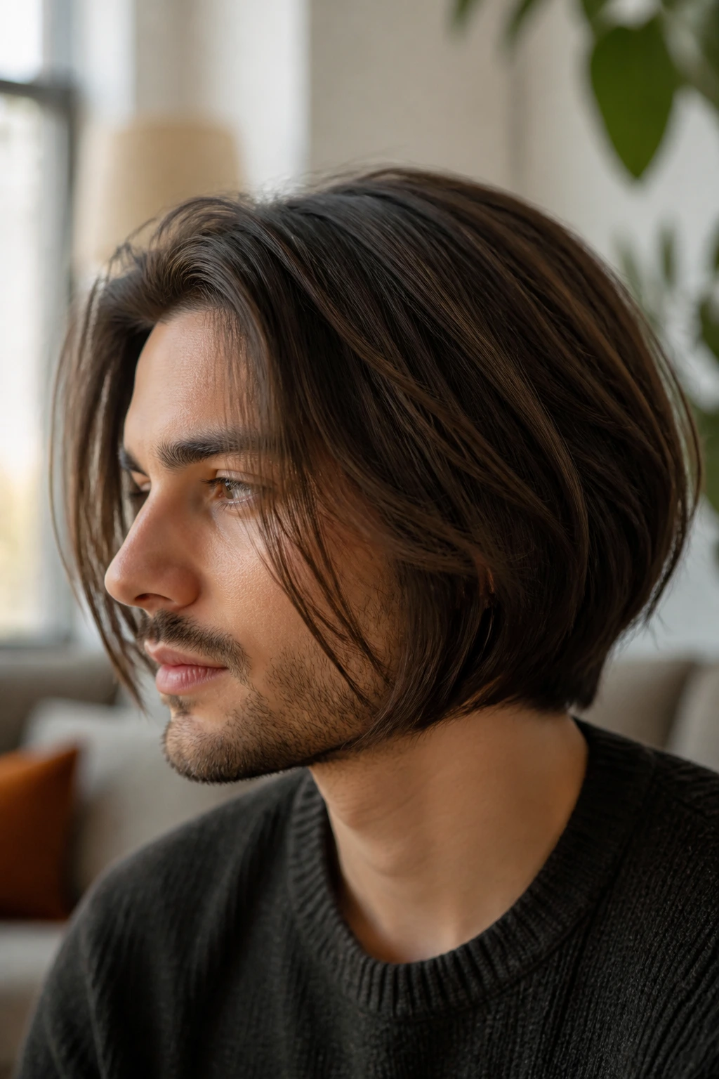 Close-up of a man with a soft layered inverted bob under warm window light