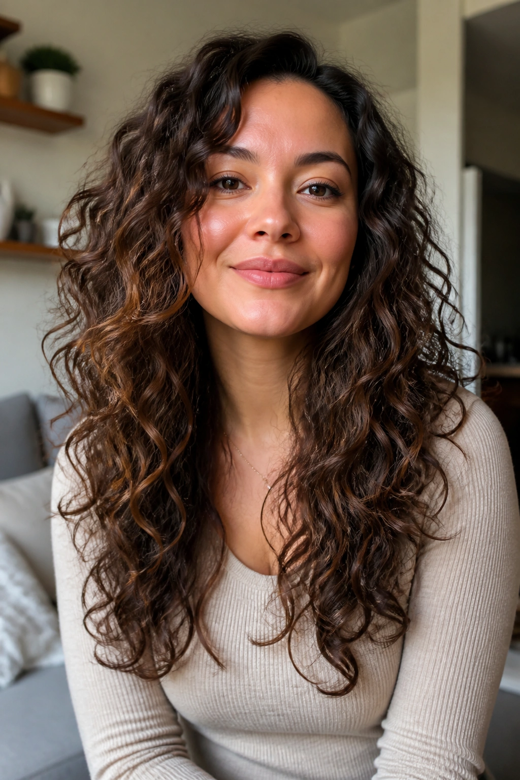 Close-up of long curls with soft feathered layers and no blunt edge on a real person