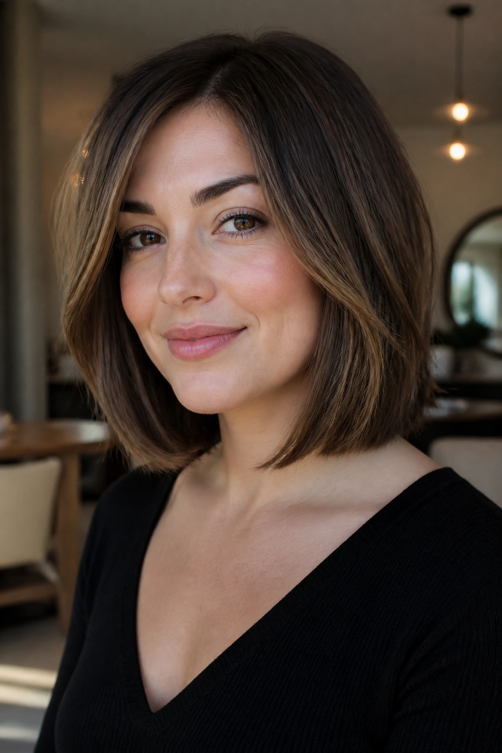 Close-up of a real woman with a soft layered lob skimming the cheeks.