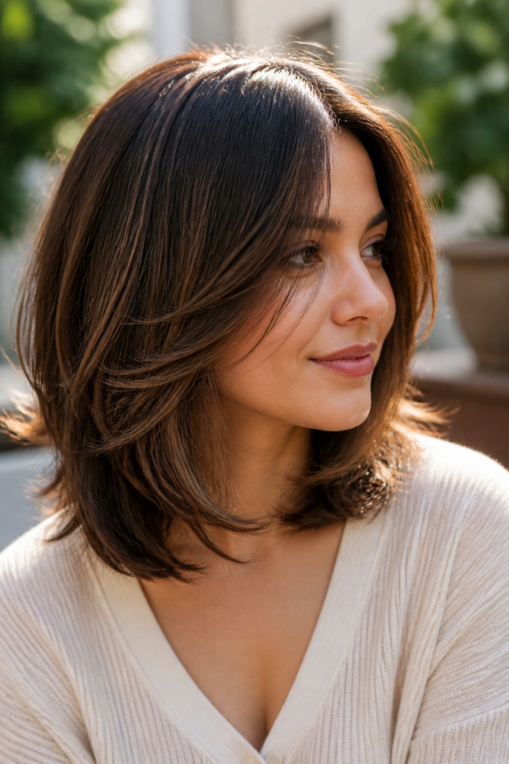 Close-up of brunette with soft layered lob and feathered ends