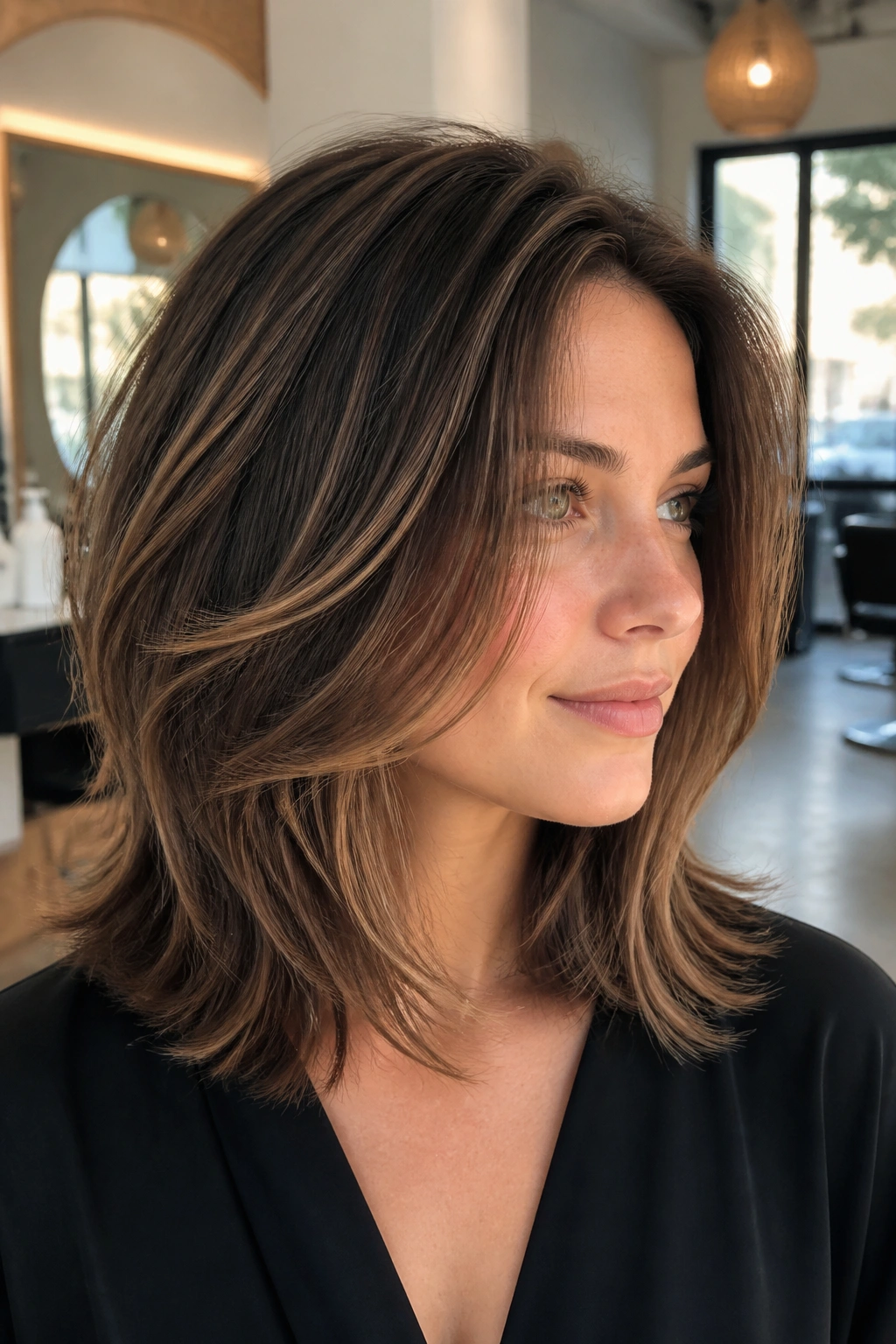 Portrait of a woman with a soft layered lob showing chin-length internal layers