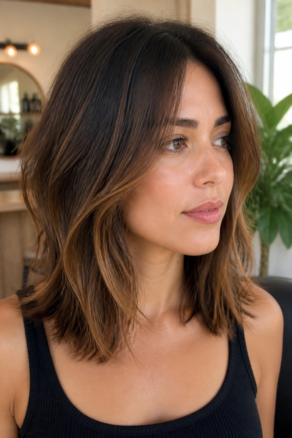 Close-up of real woman with soft layered lob and subtle movement
