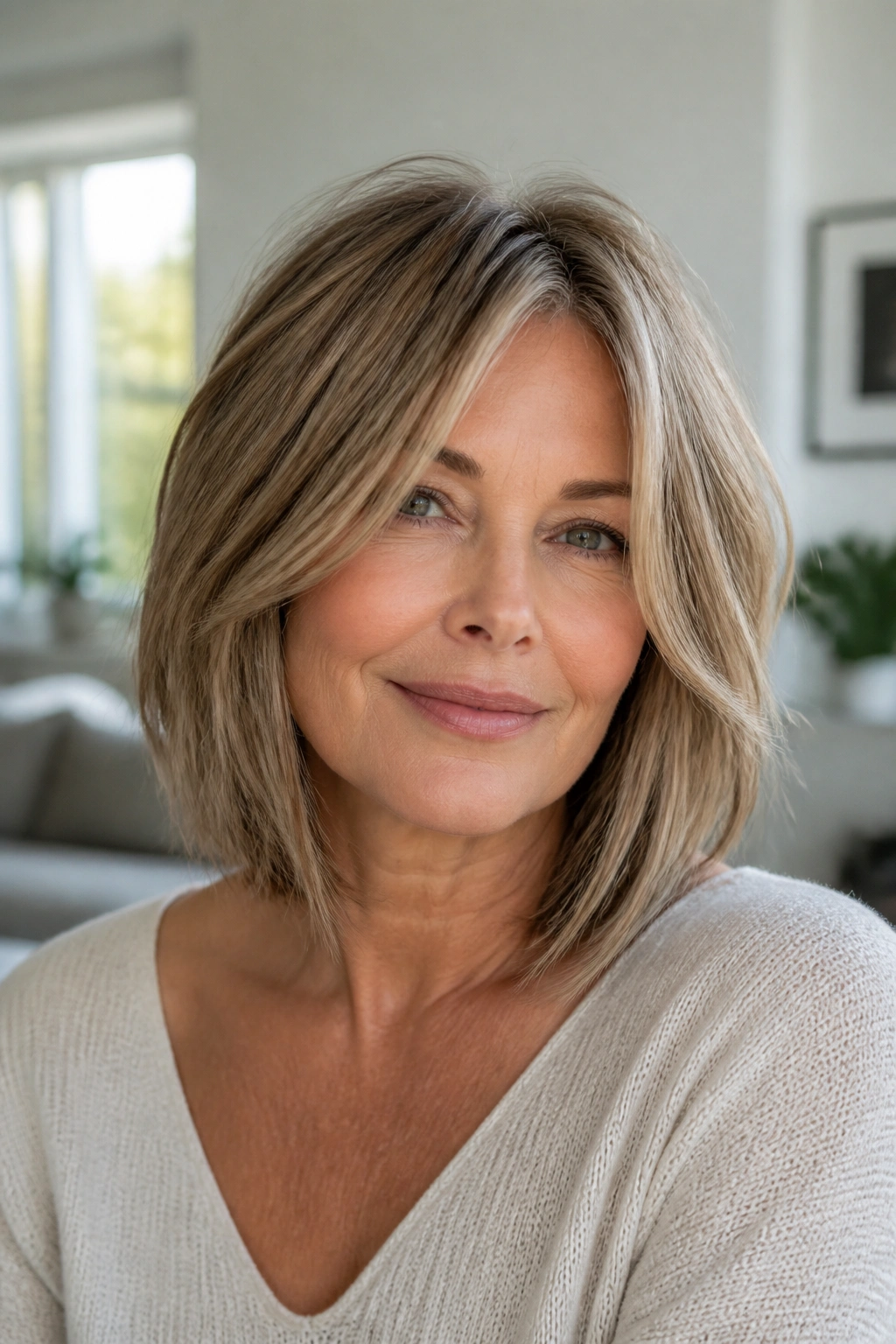 Close-up portrait of a woman with a soft layered lob at shoulder length in natural window light.