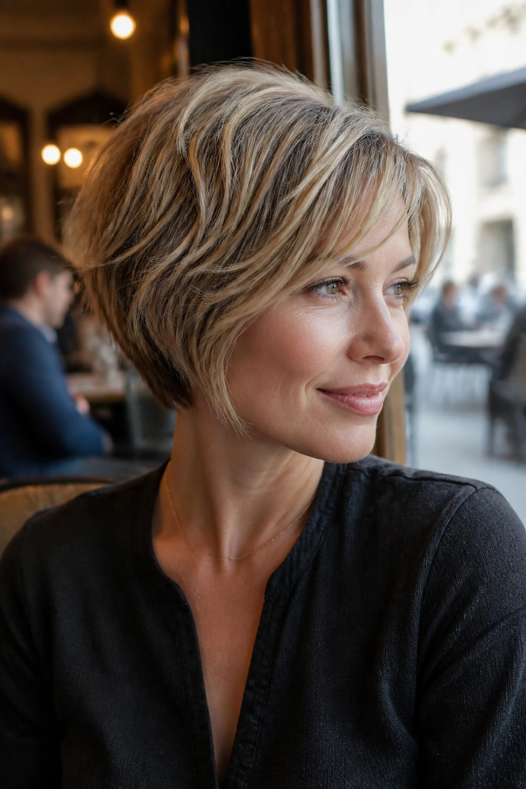 Medium close-up of a real person with soft layered pixie-bob shag in cafe window light