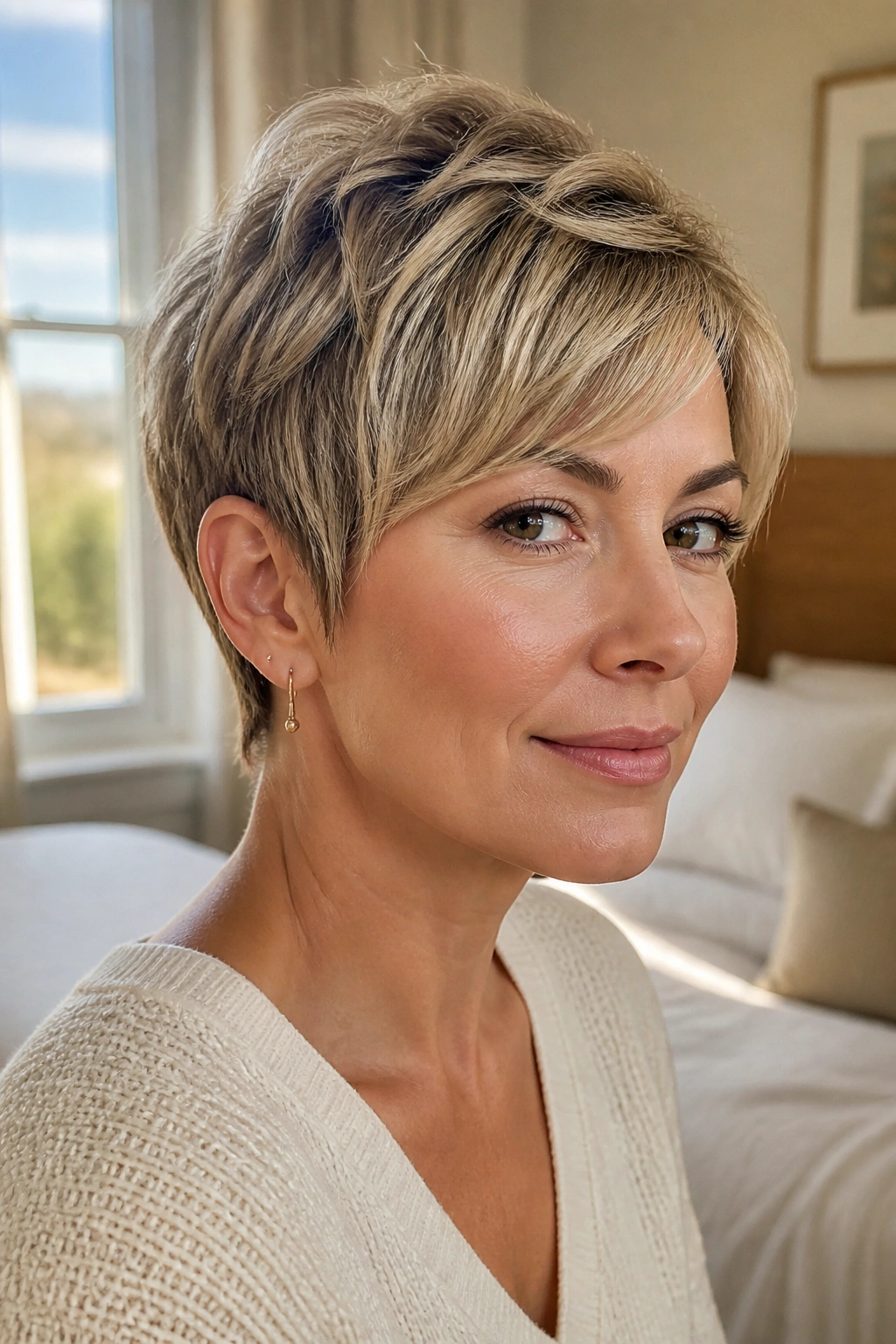 Close-up portrait of a real woman with a soft layered pixie showing crown lift and cheekbone-length layers