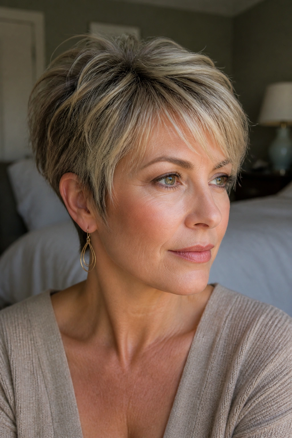 Portrait of a woman with a soft layered pixie for fine hair, crown lift, warm window light