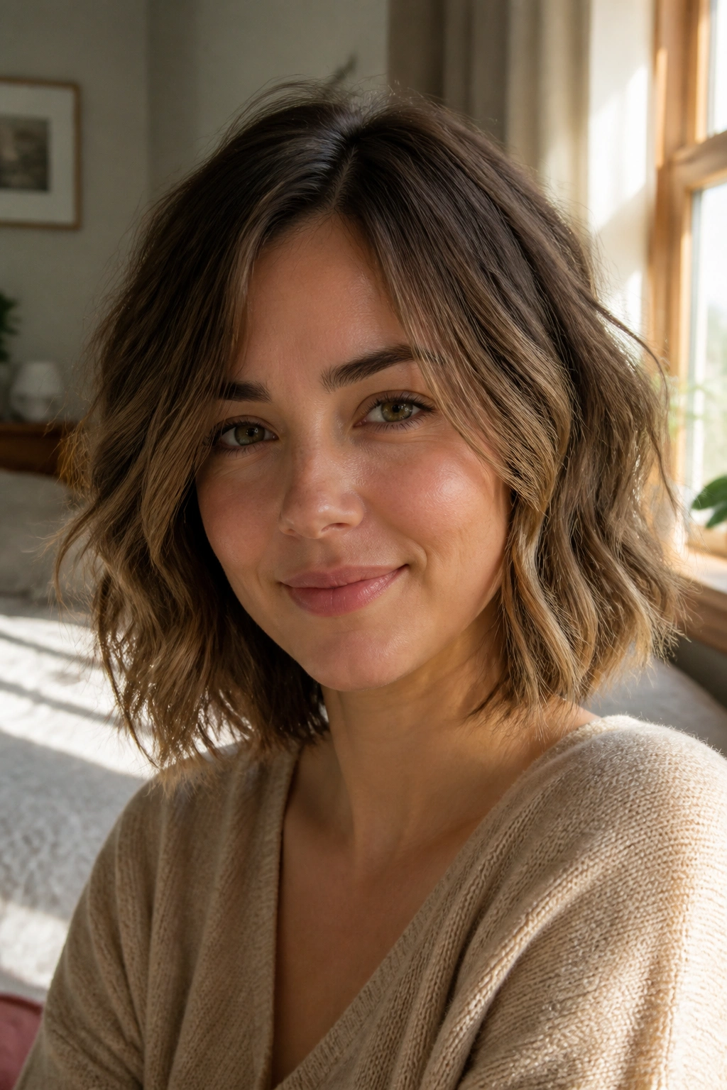 Close-up portrait of a real woman with a soft layered medium wavy bob for a round face, off-center part