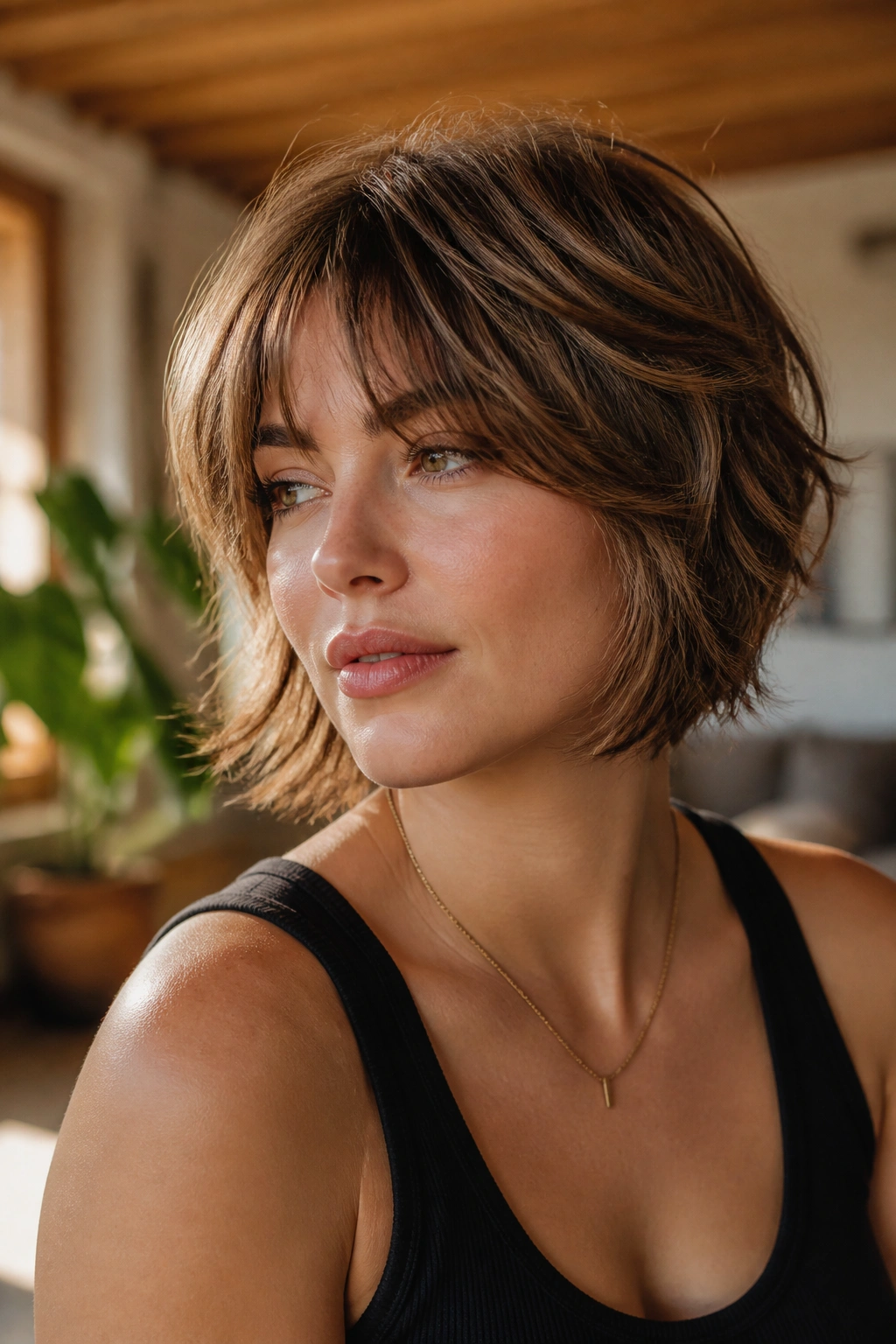 Close-up of a woman with a soft layered shag bob and feathered crown