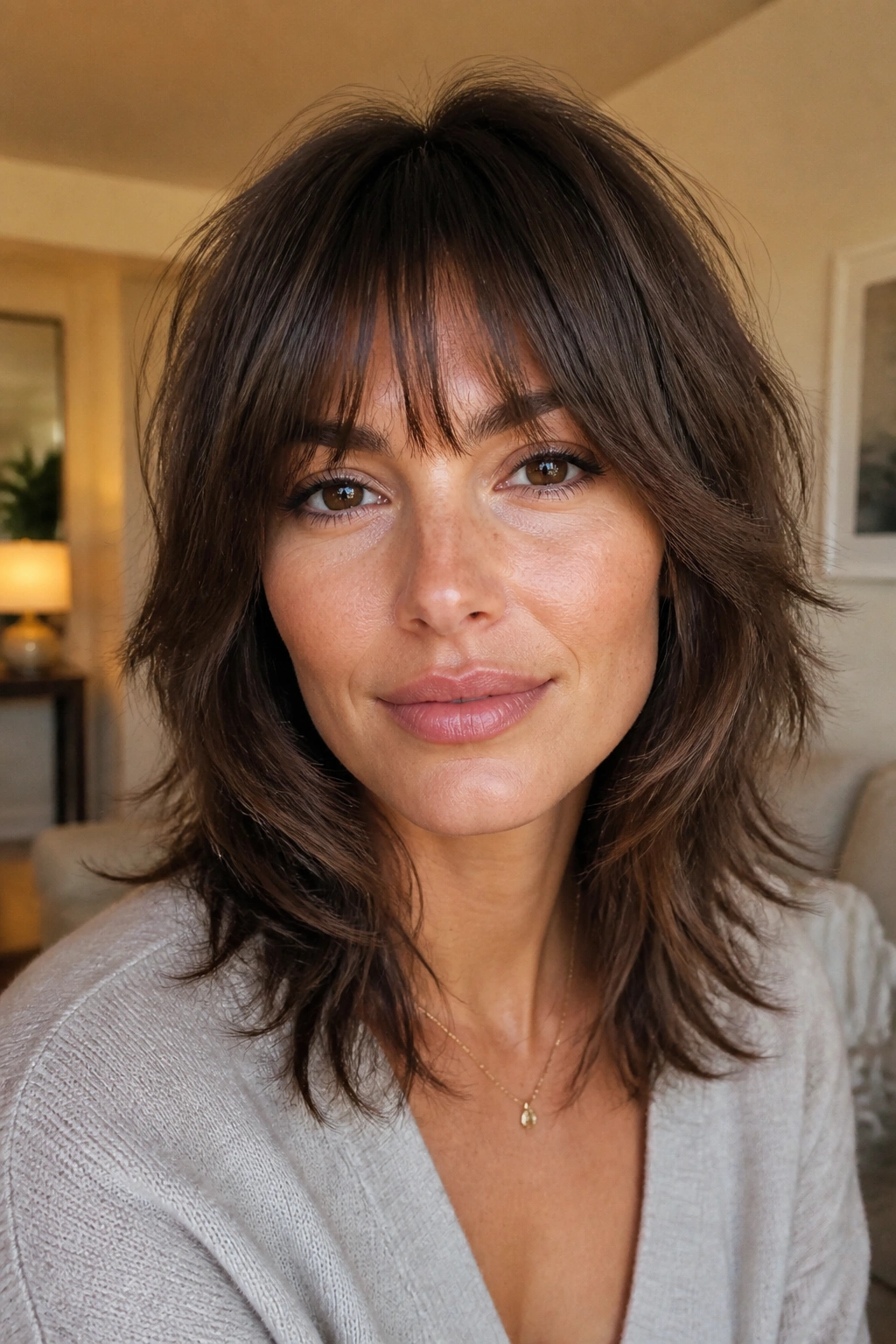 Portrait of a woman with soft layered shag and bottleneck bangs