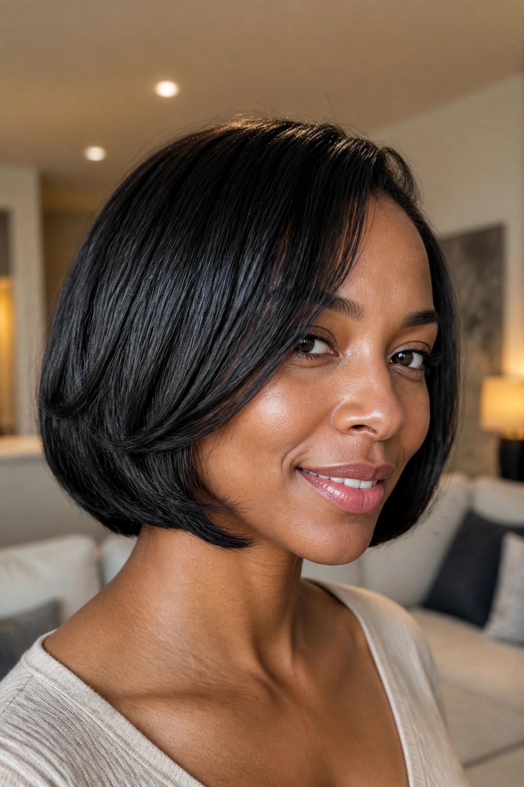 Real woman with soft layered bob and tucked ends