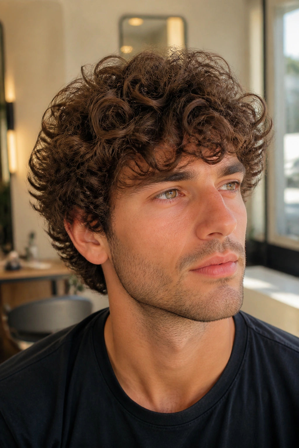 Close-up of a man with soft layered curly hair in a sunlit salon corner