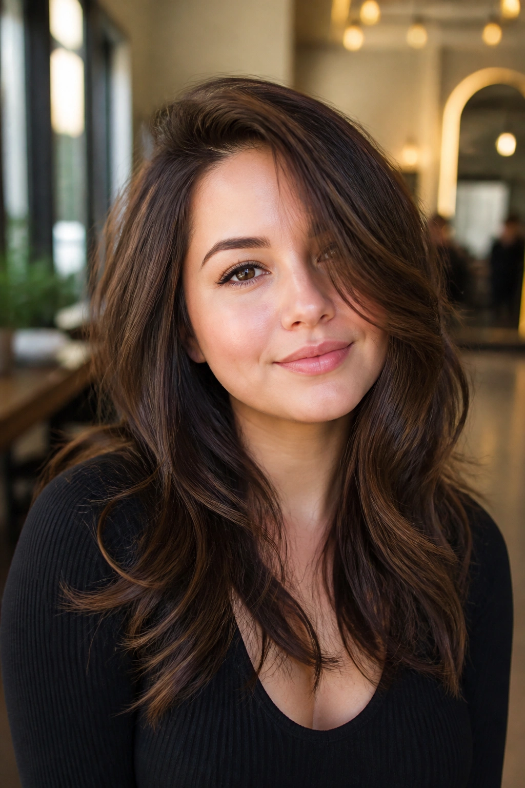 Close-up of a real woman with soft face-framing layers and a deep side part on a round face