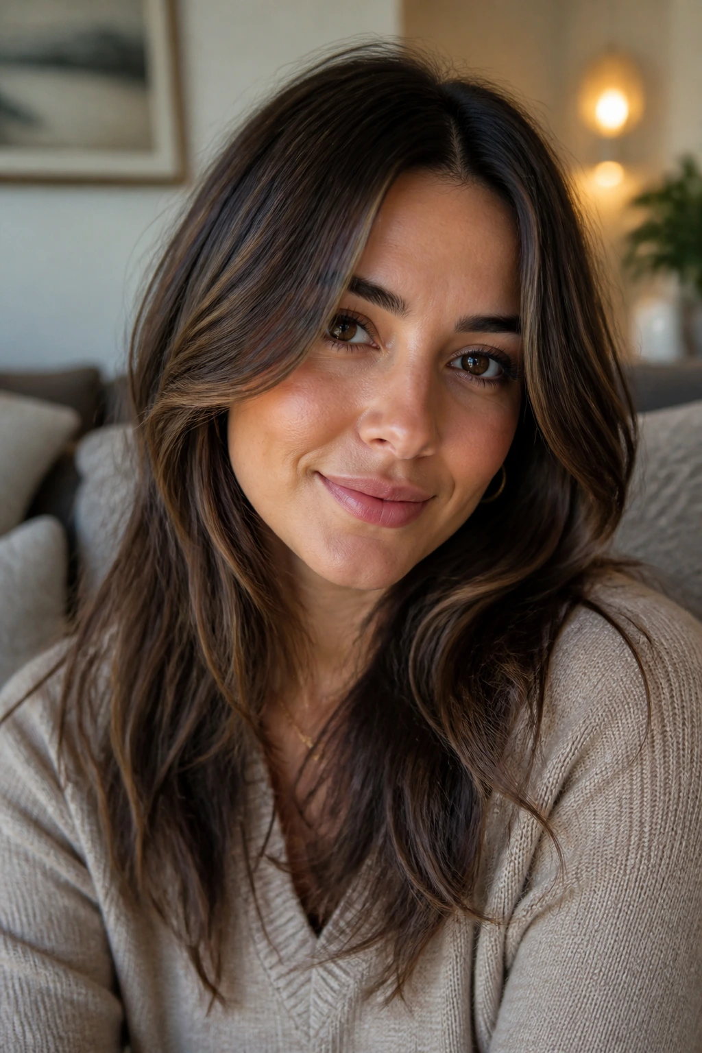 Close-up of real woman with soft face-framing layers around cheeks