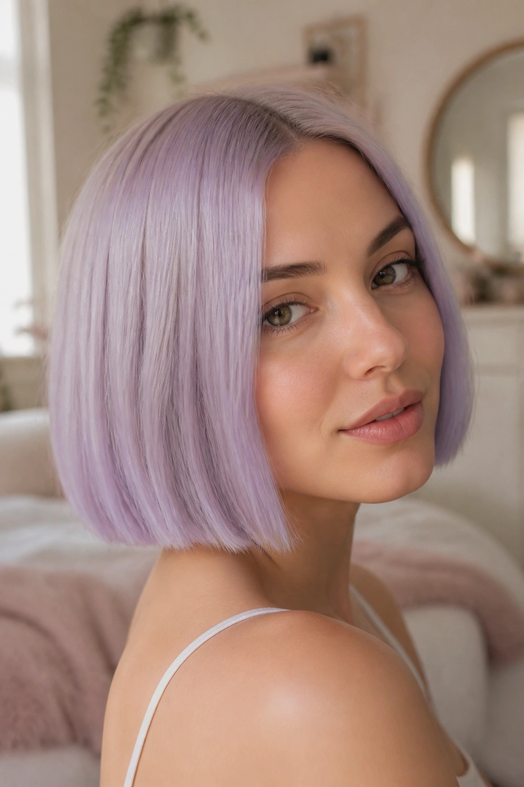 Close-up of a real woman with a soft lilac blunt bob at jawline in natural window light