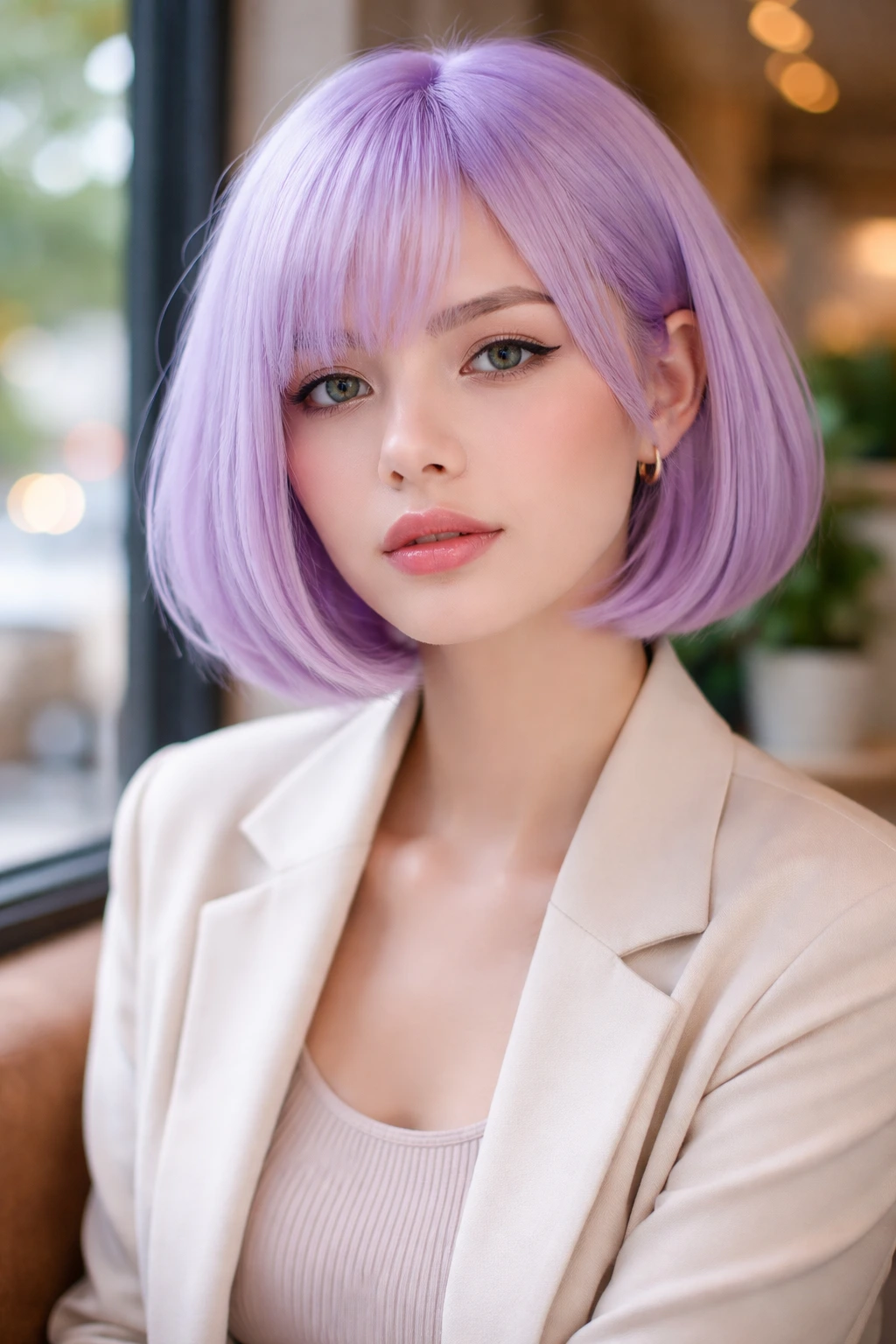 Close-up portrait of a real person with a soft lilac bob haircut