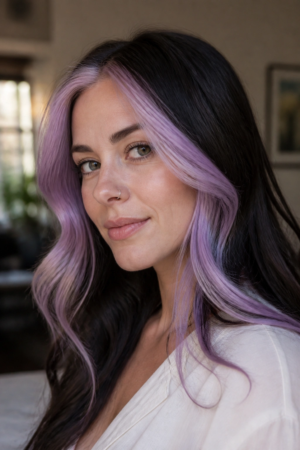 Close-up of real person with soft lilac face frame around the face in diffused window light