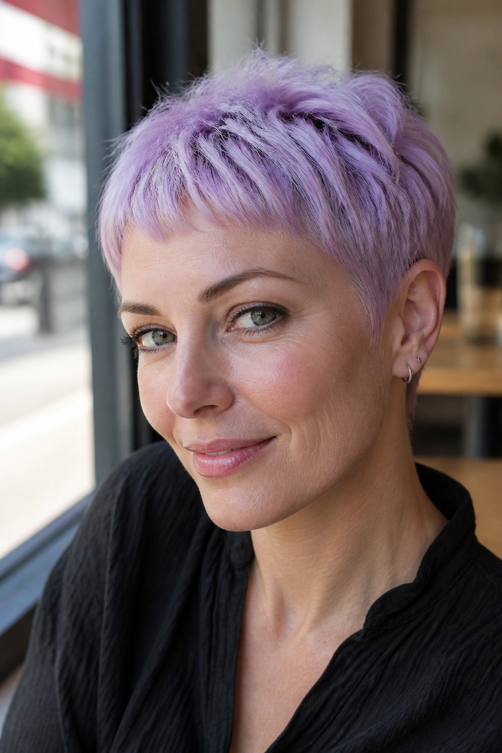 Close-up of a real woman with soft lilac pixie crop and micro bangs.