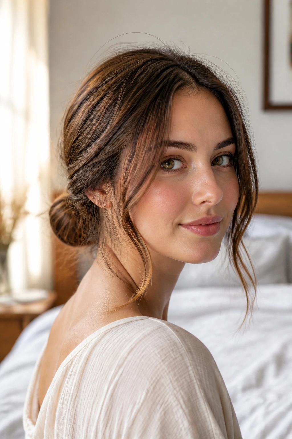Close-up of a real woman with a soft low bun and face-framing tendrils.