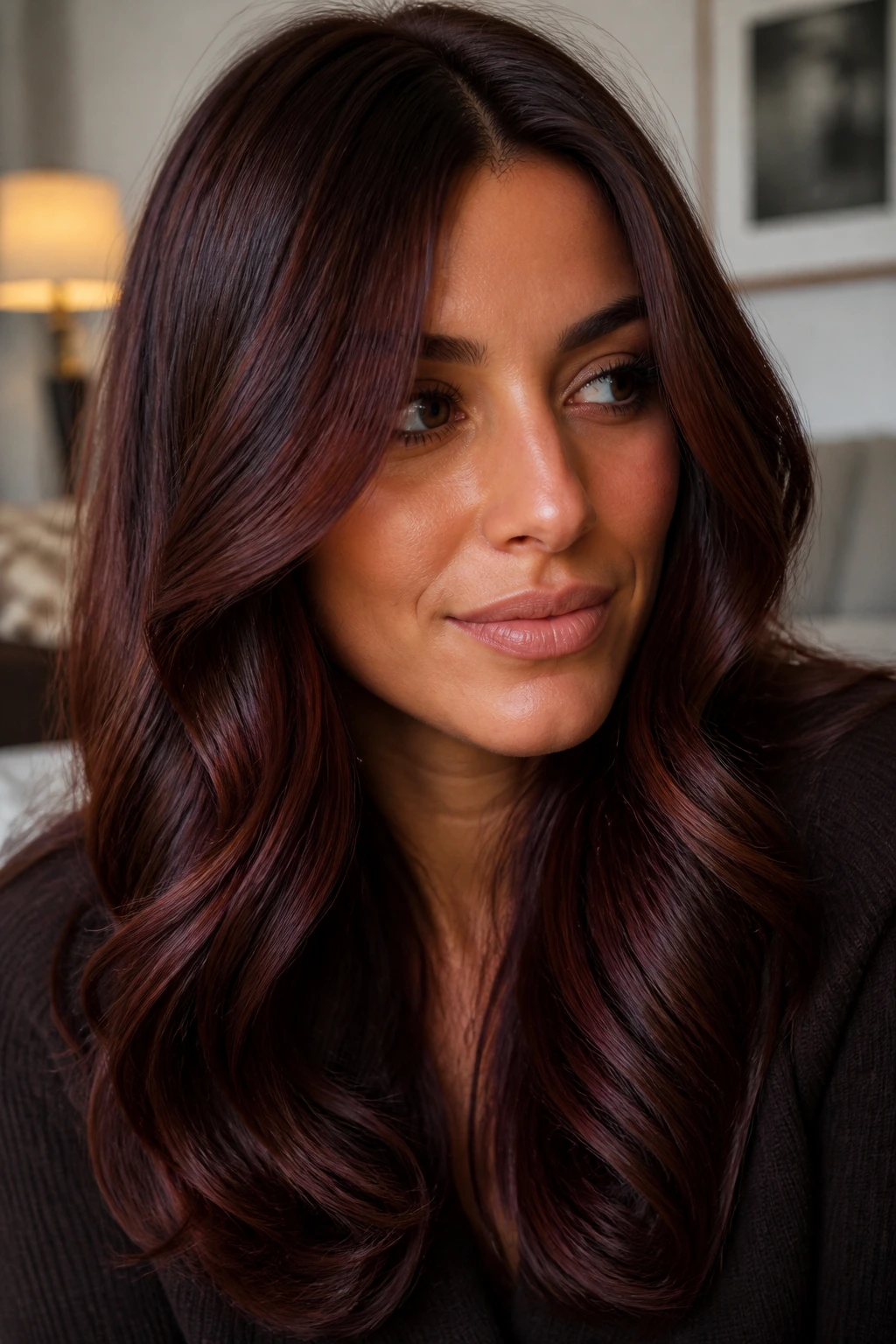 Close-up of a real person with brown hair and soft mahogany gloss