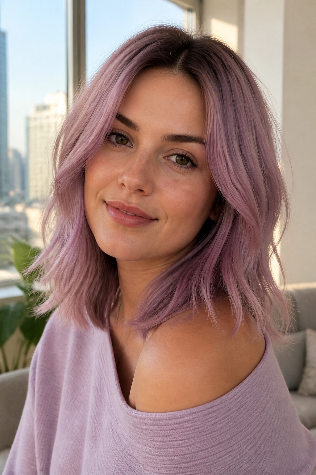 Close-up of a real woman with soft mauve shoulder-length hair in sunlit room