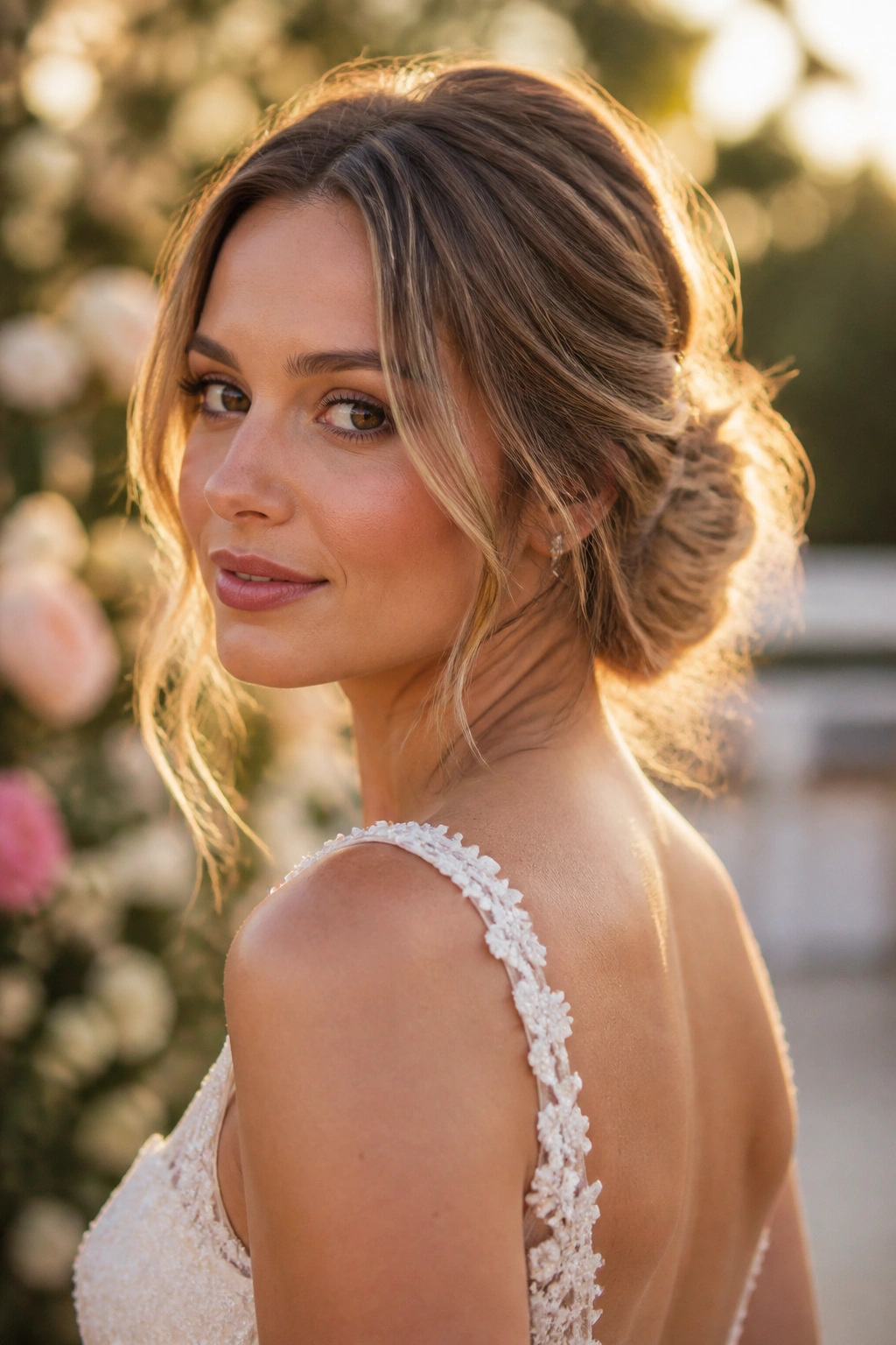 Bride with soft messy chignon and face-framing pieces