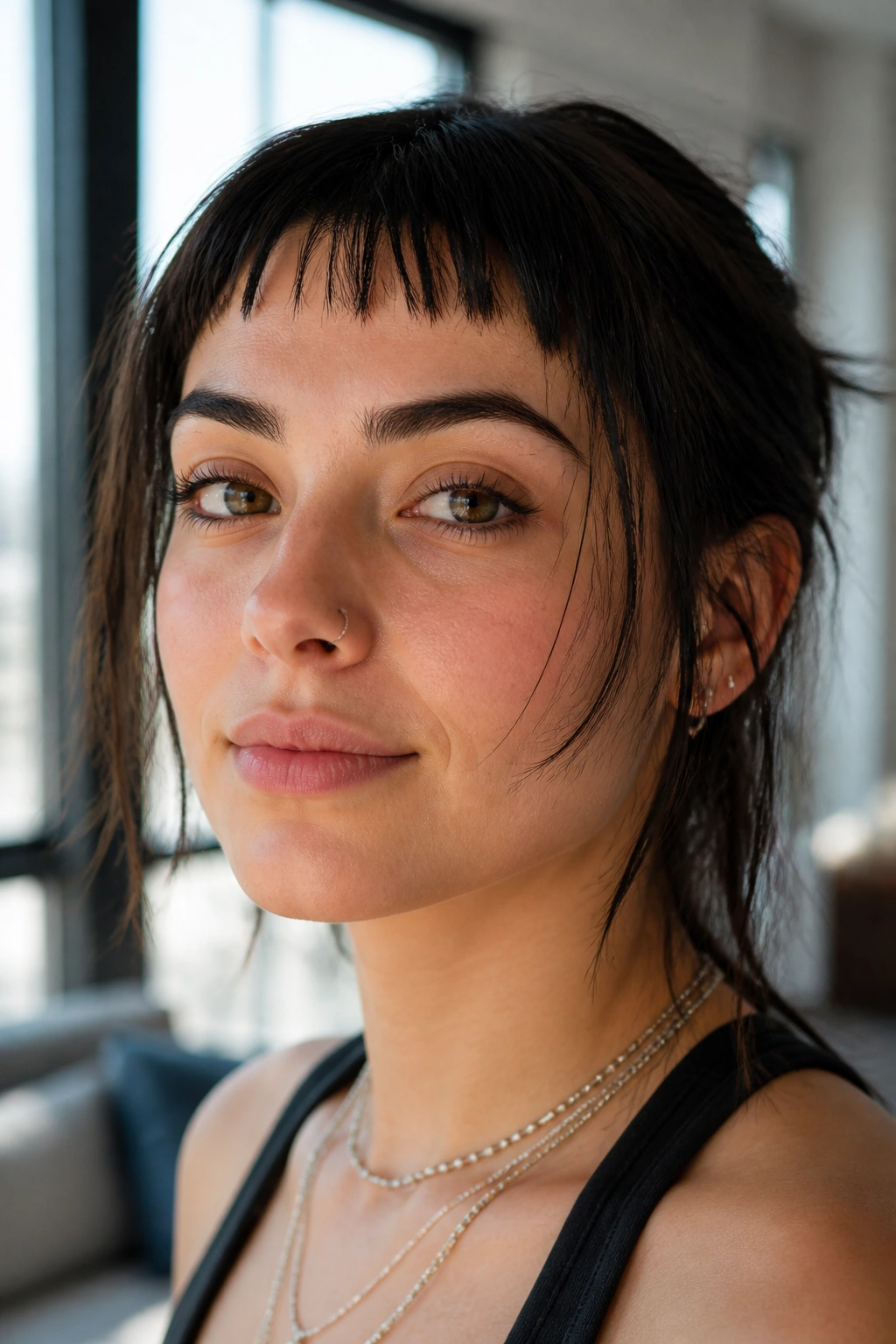 Close-up of a real person with soft micro bangs broken into small pieces in bright interior