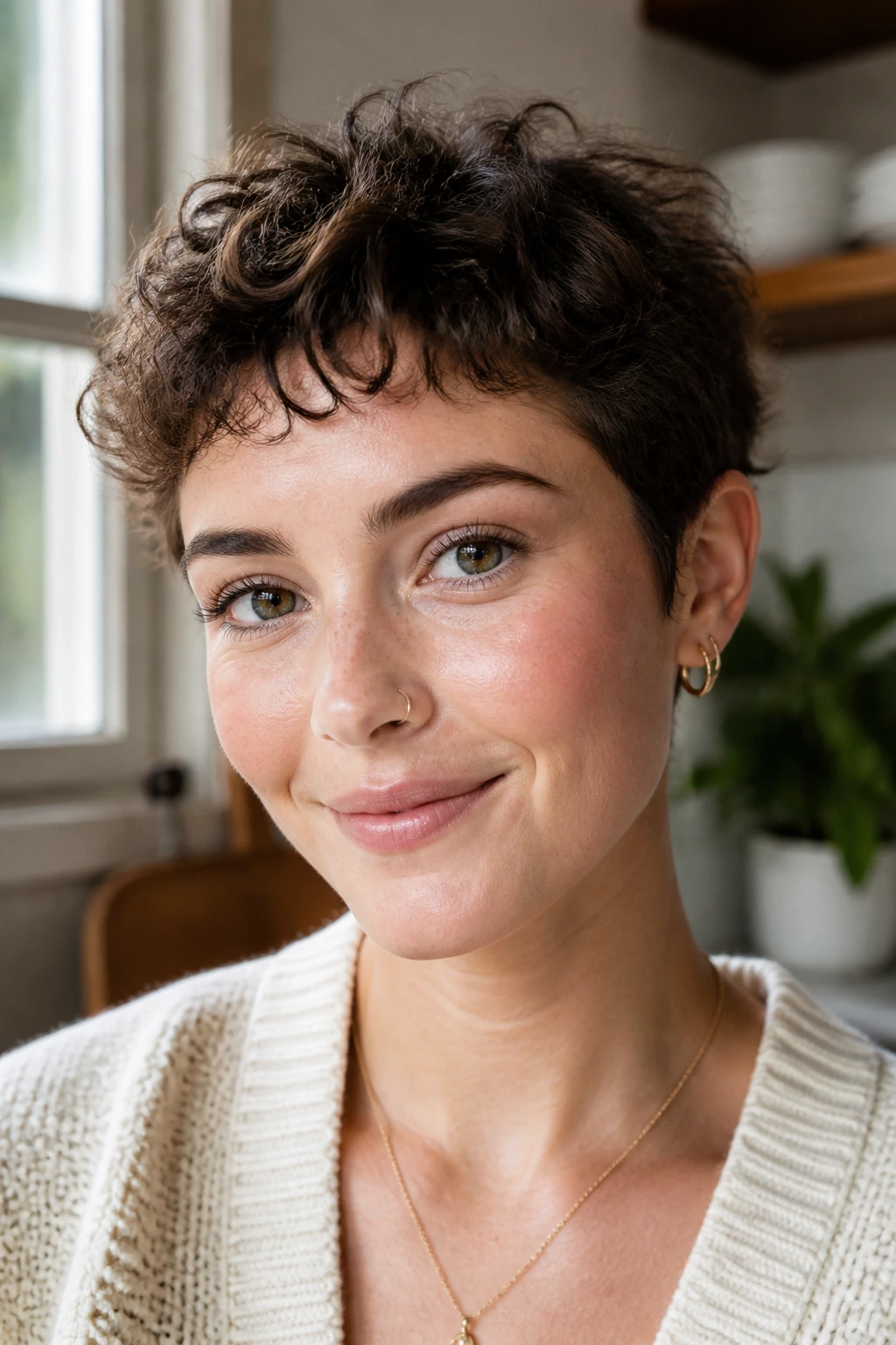 Real woman with curly pixie and soft micro fringe in natural light